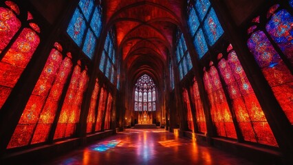 Obraz premium Awe-Inspiring Architecture: Interior View of a Cathedral Bathed in Vibrant Colors Emanating from Stained Glass Windows Along a Long Aisle.