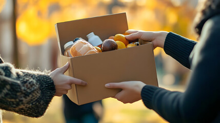 Hands exchanging a Thanksgiving meal box filled with food items at a community drive in soft natural light