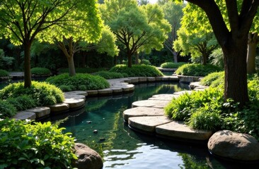 Fototapeta premium Serene garden pathway winding through lush greenery and water 