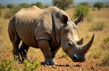 Obraz premium Rhinoceros grazing in the wild against a savannah background 