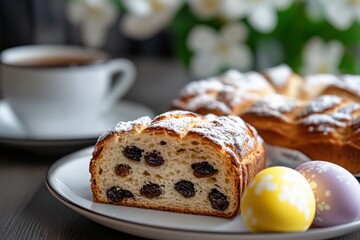 A freshly baked loaf of sweet bread sprinkled with powdered sugar, served with a cup of coffee and colorful Easter eggs, perfect for spring celebrations.
