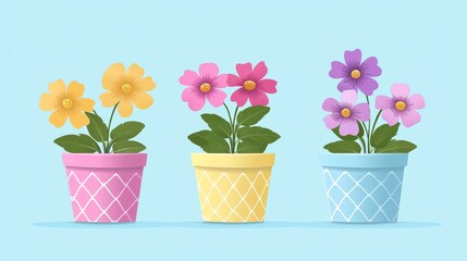 Colorful potted flowers in a row symbolizing home gardening, decoration, growth, and cheerful indoor lifestyle in a playful flat design style