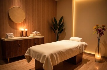 Spa treatment room with calming atmosphere and soft lighting  