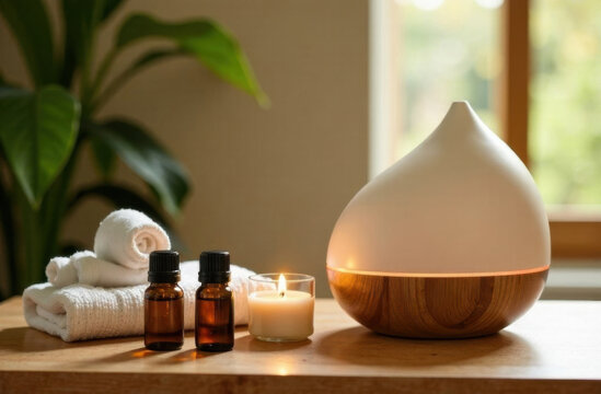 Aromatherapy diffuser with essential oils and candles in a relaxing setting  
