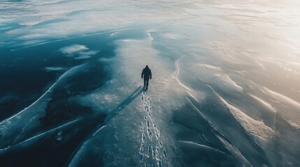 Solitary figure traversing the vast frozen expanse, aerial cinematic vista