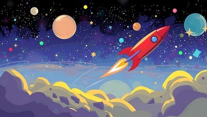 Fototapeta premium Whimsical Red Rocket in Galactic Skies