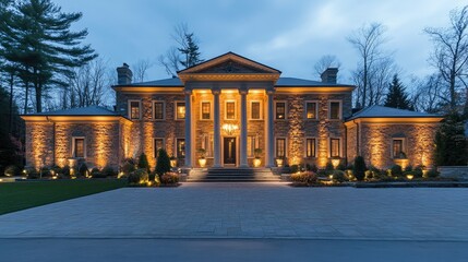 A classic European-style two-story mansion with symmetrical design, stone walls, and elegant lighting.