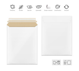 Blank rigid mailer mockup with set icons. Vector illustration isolated on white background. Perfect for easy customisation and editing your design. EPS10.	