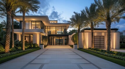 Fototapeta premium A contemporary two-story residence featuring a spacious driveway, minimalist design, and outdoor lighting.