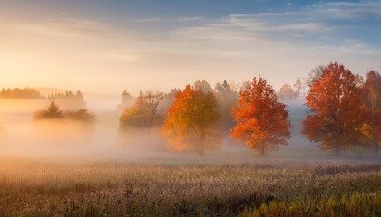Fototapeta premium Golden mist enveloping vibrant autumn trees at sunrise
