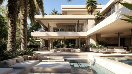 A luxury retreat-style two-story home with large outdoor lounge areas, palm trees, and infinity-edge pool.