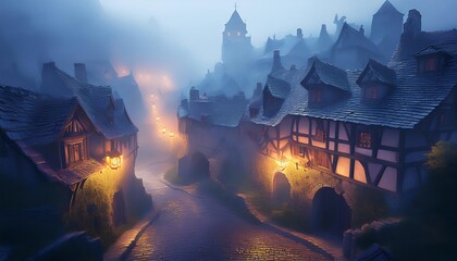 Fototapeta premium Medieval town in the fog with glowing lanterns illuminating cobblestone street at dusk