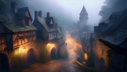 Obraz premium Fog entering medieval village at night with lanterns lighting street