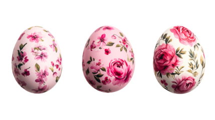 Floral Easter egg trio, pastel decor, spring motif, artful design, cut out transparent