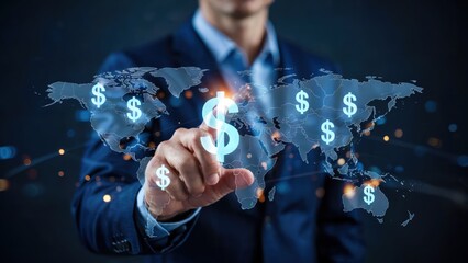 Businessman interacting with a glowing digital world map and dollar symbols, representing global finance, investment, and international economy.