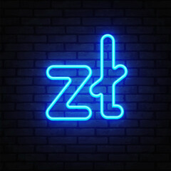 Zloty symbol glowing in sharp blue neon with a minimalist digital touch. The icon stands out on a textured dark wall background.