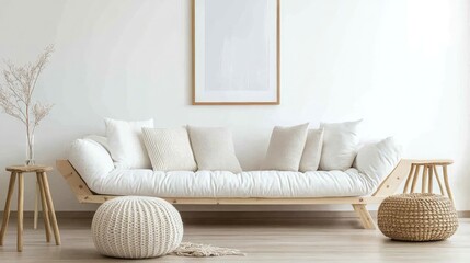 Scandinavian-style sofa in a bright, airy living room with wooden flooring and pastel decor.