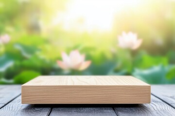 Product Display A serene floating wooden tabletop rests on a tranquil lotus pond, perfect for showcasing products or displaying serene nature scenes, ideal for design mockups and peaceful imagery.