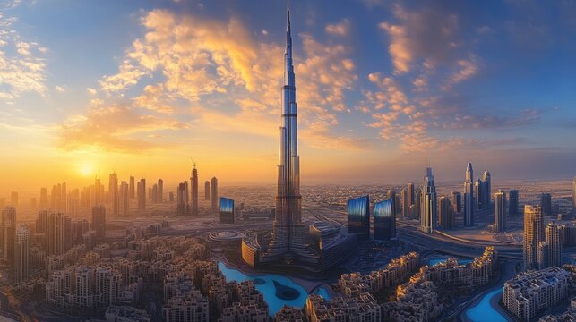 Dubai's majestic skyline showcases architectural wonders and urban sophistication at sunrise