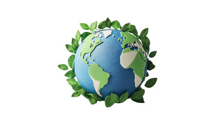 Earth globe adorned with green leaves on dark background, cut out transparent