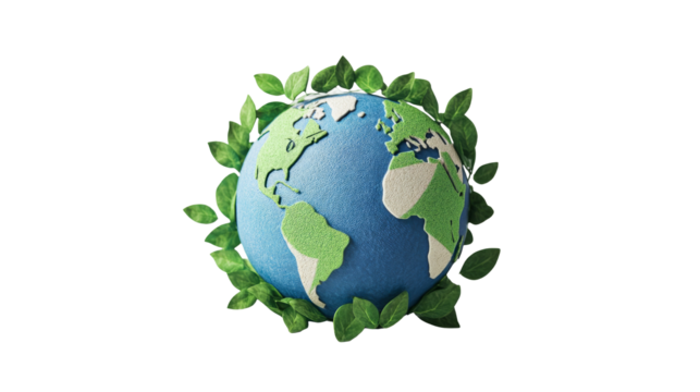 Earth globe adorned with green leaves on dark background, cut out transparent