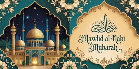 Fototapeta premium Luxurious Mawlid al-Nabi Celebration Design Featuring Grand Golden Mosque Arabic Calligraphy Islamic Lanterns Ornamental Floral Patterns. Starry Night Background for Religious Events Festive Greetings