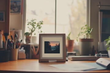 A polaroid picture frame secured with tape for added stability and support.