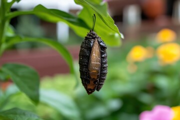 A close-up view of a pupa hanging on a leaf signifies the transformative journey from caterpillar to butterfly, encapsulating the beauty of change and nature's miracles.