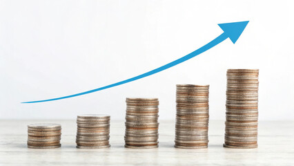 Stacks of coins arranged in ascending order symbolize financial growth and investment success. upward arrow emphasizes positive trend in savings and wealth accumulation