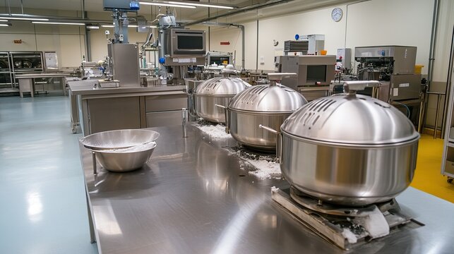 Brightly lit factory housing industrial mixers with stainless steel finishes.