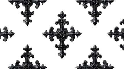 Ornate cross and floral design, decorative elements, antique black color, cut out transparent