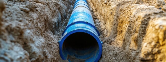 Installation of a blue drainage pipe in a freshly dug trench at a construction site during daylight hours