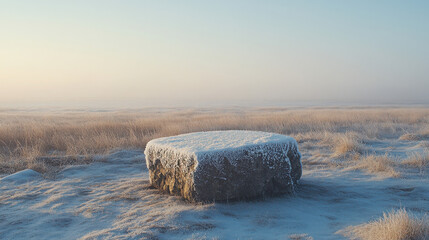 A podium completely covered in snow and frost, standing alone on a frozen plain