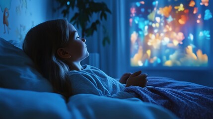 Naklejka premium Child dreaming with colorful projections at night