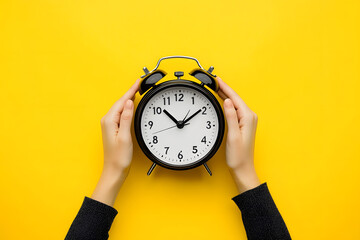 Daylight saving day. Fall Back. Black Alarm clock and female hands on yellow background. Daylight saving time end