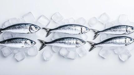 Frozen sardines aligned neatly over ice cubes, their silvery scales shimmering.
