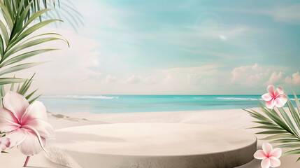 beach summer sunny coast tropical podium with clear sky and blue ocean with waves and white sand. Summer display podium table for product placement and design. Summer copy space empty presentations