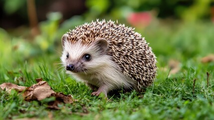 Fototapeta premium Green suburban yard with a hedgehog slowly walking through the grass, tiny paws visible.