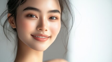 Fototapeta premium Smiling woman with glowing skin in bright natural light near a window