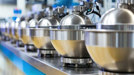 Industrial mixers with safety guards and automated monitoring systems in a factory.