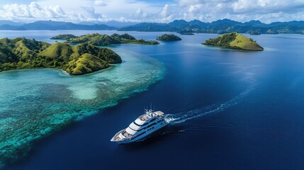 Luxury yacht cruising through a vast ocean expanse, small islands in the background.