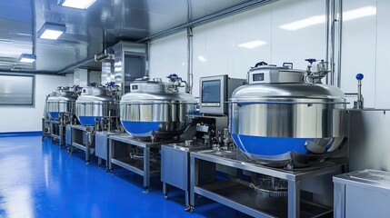 Multiple industrial mixers operate in harmony, processing ingredients efficiently.