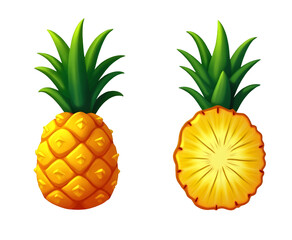Two colorful pineapples, one whole and one sliced. cut out,isolated, transparent background
