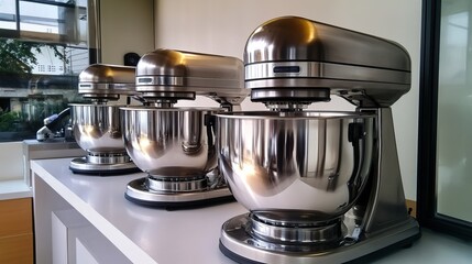 Stainless steel industrial mixers stand tall on a clean, high-tech factory floor.