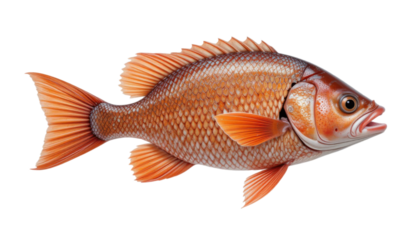 A close-up showcases a red snapper, its scales and fins vividly detailed against a white background. The fish's vibrant orange hues and open mouth are striking.