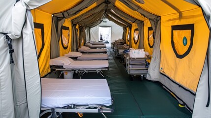 Field hospital tents with empty beds