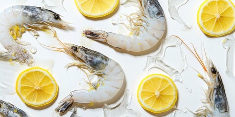 Fresh shrimp and lemon slices arranged on a white surface ready for cooking or preparation