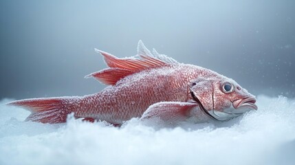Obraz premium Whole frozen red snapper fish displayed on ice, with frost-covered fins and scales.