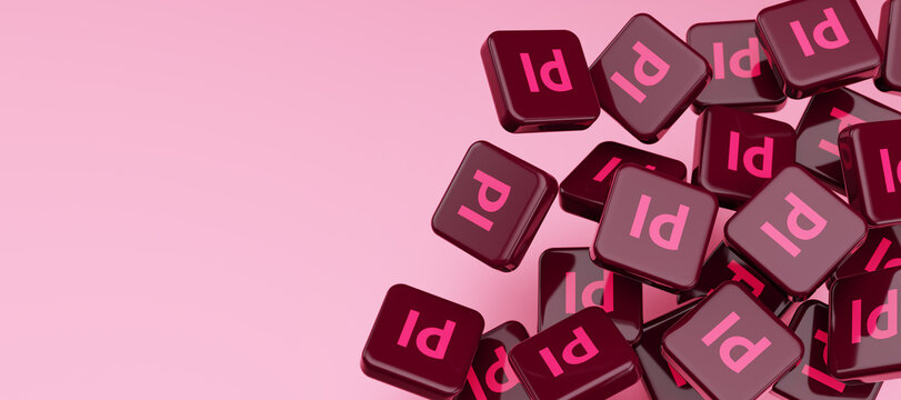 Guilherand-Granges, France - April 01, 2025. Adobe InDesign is a leading desktop publishing software for creating layouts, including books, magazines, posters, and interactive PDFs. 3d render.