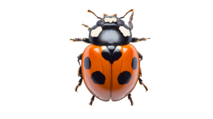 Ladybug insect detailed macro, top view on black background, cut out transparent